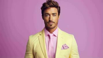 ai generato contento e attraente uomo indossare pastello colore completo da uomo con bellissimo vivace sfondo foto