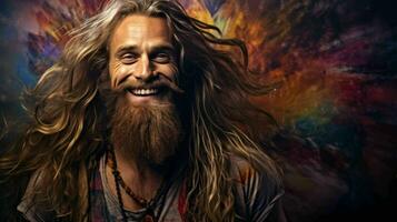 ai generato hippie persona con lungo capelli contento e smilling foto