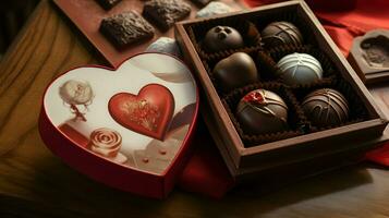 ai generato san valentino giorno sfondo sfondo, cioccolato amore, cuori, romantico Rose, generativo ai foto