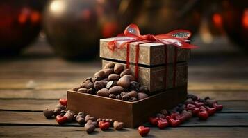 ai generato san valentino giorno sfondo sfondo, cioccolato amore, cuori, romantico Rose, generativo ai foto