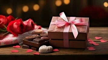 ai generato san valentino giorno sfondo sfondo, cioccolato amore, cuori, romantico Rose, generativo ai foto