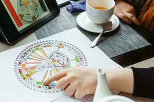 tver, Russia - febbraio 12, 2023. un' donna a il tavolo è studiando un' delirio mandala di umano design. delirio mandala su il tavolo avvicinamento. il concetto di esoterico insegnamenti. foto