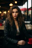 un' bellissimo ragazza è seduta con caffè nel un' ristorante ai generato foto