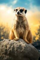 un' meerkat seduta su superiore di un' grande roccia ai generato foto