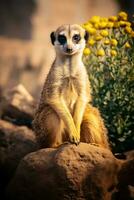 un' meerkat seduta su superiore di un' grande roccia ai generato foto