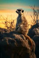 un' meerkat seduta su superiore di un' grande roccia ai generato foto