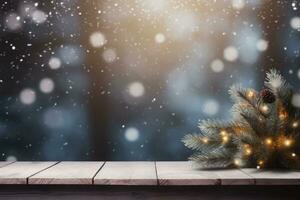 di legno tavolo con Natale decorazione su bokeh sfondo. generativo ai foto