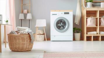 ai generato gestione domestico compiti - sporco lavanderia cestino di il lavaggio macchina - generativo ai foto