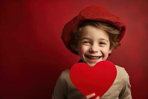 ai generato contento poco ragazzo con rosso cuori su San Valentino giorno. foto