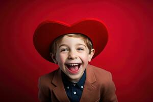 ai generato contento poco ragazzo con rosso cuori su San Valentino giorno. foto