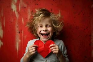 ai generato contento poco ragazzo con rosso cuori su San Valentino giorno. foto