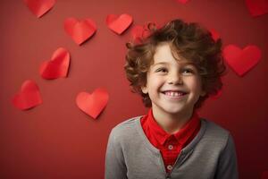 ai generato contento poco ragazzo con rosso cuori su San Valentino giorno. foto