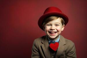 ai generato contento poco ragazzo con rosso cuori su San Valentino giorno. foto