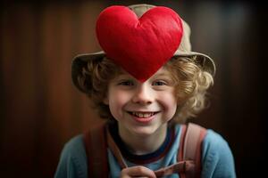 ai generato contento poco ragazzo con rosso cuori su San Valentino giorno. foto