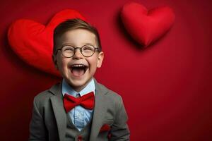 ai generato contento poco ragazzo con rosso cuori su San Valentino giorno. foto