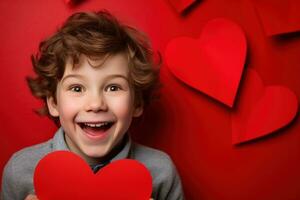 ai generato contento poco ragazzo con rosso cuori su San Valentino giorno. foto