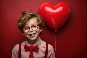 ai generato contento poco ragazzo con rosso cuori su San Valentino giorno. foto