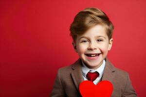 ai generato contento poco ragazzo con rosso cuori su San Valentino giorno. foto