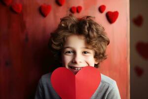 ai generato contento poco ragazzo con rosso cuori su San Valentino giorno. foto