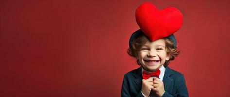 ai generato contento poco ragazzo con rosso cuori su San Valentino giorno. foto