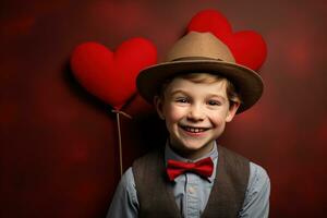 ai generato contento poco ragazzo con rosso cuori su San Valentino giorno. foto