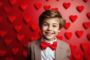 ai generato contento poco ragazzo con rosso cuori su San Valentino giorno. foto