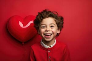 ai generato contento poco ragazzo con rosso cuori su San Valentino giorno. foto