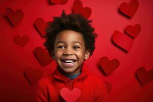 ai generato contento poco ragazzo con rosso cuori su San Valentino giorno. foto