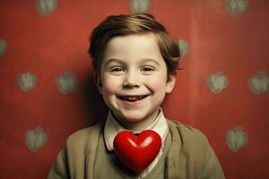 ai generato contento poco ragazzo con rosso cuori su San Valentino giorno. foto