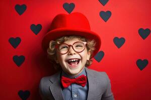 ai generato contento poco ragazzo con rosso cuori su San Valentino giorno. foto