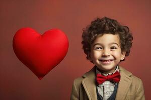 ai generato contento poco ragazzo con rosso cuori su San Valentino giorno. foto