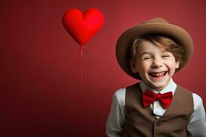 ai generato contento poco ragazzo con rosso cuori su San Valentino giorno. foto