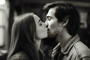 un' giovane sposato coppia nel amore abbracci e baci romanticamente. ai generato. foto