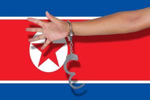 manette con la mano sulla bandiera della corea del nord foto