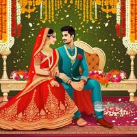 ai generato indiano sposo vestito nel bianca Sherwani e rosso cappello con sbalorditivo sposa nel rosso lehenga In piedi e hold ogni mani a piedi al di fuori foto