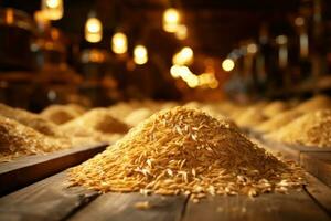 ai generato grano magazzino. mucchi di grano su un' di legno pavimento. d'oro grano. raccogliere concetto foto