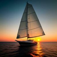 ai generato yacht andare in barca contro tramonto. vacanza stile di vita paesaggio con orizzonte barca a vela e tramonto silhouette. yachting turismo. il Immagine era creato utilizzando generativo ai. foto