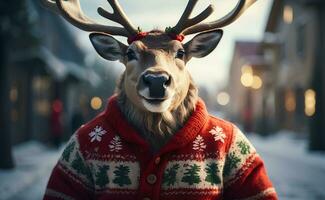 ai generato un' carino sorridente renna con Natale maglione. foto