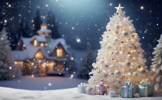 bellissimo Natale albero con stelle palle i regali e bianca neve. foto