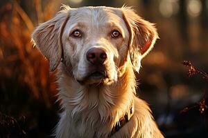 ritratto di un' bianca labrador cane da riporto su un' beige neutro sfondo, ritagliata foto, naturale luce. ai arte foto