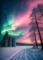ai generato il aurora nel il cielo luci su, coperto nel un' bellissimo distesa di scintillante neve con vero buio verde alberi foto