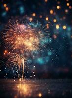 ai generato bokeh astratto sfondo su nuovo anni vigilia con bellissimo fuochi d'artificio esplosione foto