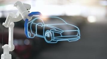 motore di ispezione meccanico con robot a mano macchina ai.auto blu per il servizio manutenzione assicurazione con motore auto.per il trasporto automobile automobilistica ai. foto