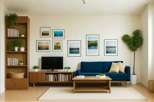 accogliente divano contro parete con manifesto telaio e scaffalature unità. ai generato foto