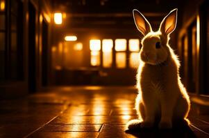 un' carino coniglietto nel un' lungo illuminato laboratorio corridoio. ai generato foto