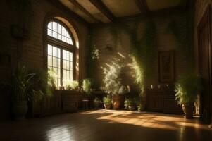 interno sfondo di camera con beige parete e vaso con verde ramo. ai generato foto