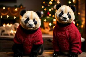 carino panda nel Natale maglione. ai generato foto