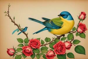 pittura di un' uccello nel luminosa, bellissimo colori tra fiori, Rose, rami e farfalle, Vintage ▾ disegno nel un' giapponese stile. ai generato foto