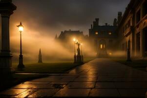 un' spaventoso dimora a notte. spaventoso scala con nebbia e un' raggiante spettrale apparizione. ai generato foto