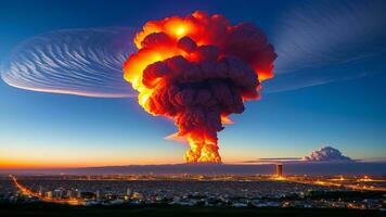 enorme naturale disastro o nucleare esplosione fungo nube effetto al di sopra di città orizzonte. ai generato foto